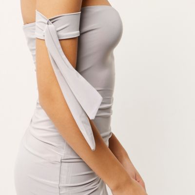 Metallic grey tied sleeve bardot wrap dress